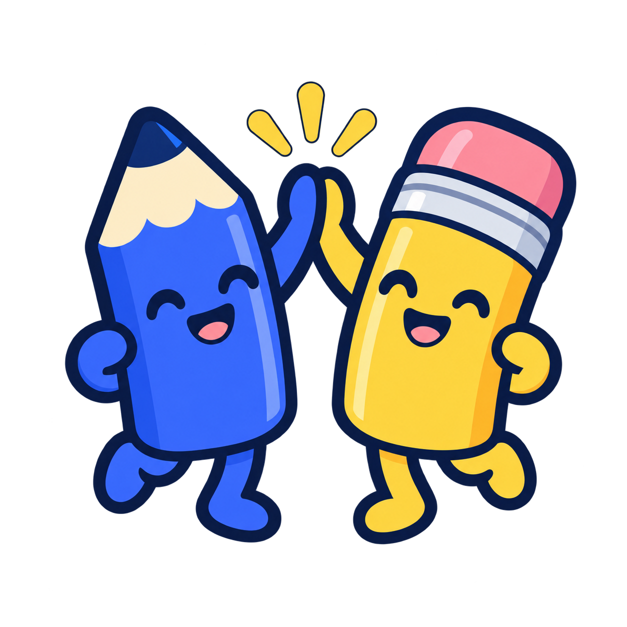 Two cheerful pencil buddies sharing a high five